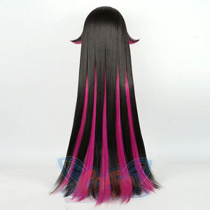 Columbina cosplay wig back view showing ultra-long straight black hair with pink gradient tips
