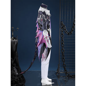 Genshin Impact Durin cosplay costume side view dark armor white shoulders pink skirt white pants