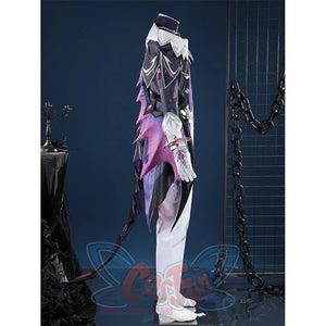 Genshin Impact Durin cosplay costume side view dark armor white shoulders pink skirt white pants