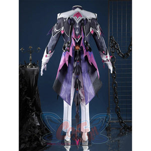 Genshin Impact Durin cosplay costume back view dark armor white shoulders