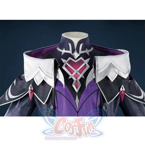 Genshin Impact Durin cosplay costume front view white shoulders pink gems dark blue purple armor