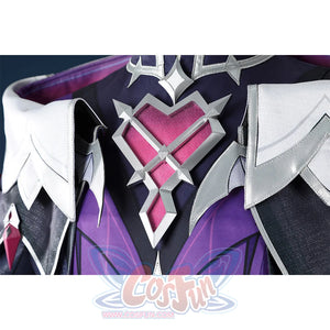 Genshin Impact Durin cosplay costume chest piece closeup pink diamond gems silver white accents