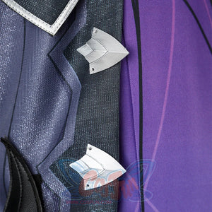 Genshin Impact Durin cosplay costume silver armor plate details dark blue purple fabric sections