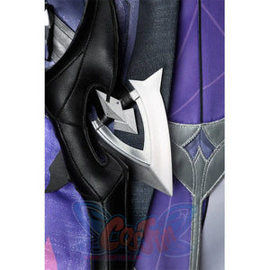 Genshin Impact Durin cosplay costume belt detail silver star accents dark leather purple fabric