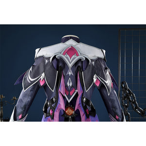 Genshin Impact Durin cosplay costume back view dark blue armor pink crystal accents white shoulders