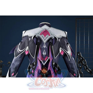 Genshin Impact Durin cosplay costume back view dark blue armor pink crystal accents white shoulders