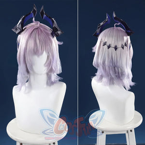 Genshin Impact Durin cosplay costume wig lavender hair dark blue horns front and back views