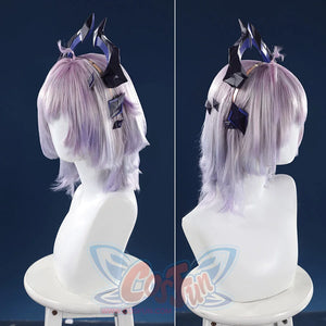Genshin Impact Durin cosplay costume wig display lavender hair black horns multiple angles