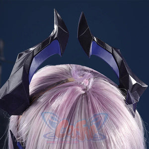 Genshin Impact Durin cosplay costume horned headpiece lavender wig dark blue curved horn design