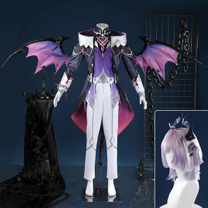 Genshin Impact Durin cosplay costume full view with purple wings dark armor white outfit