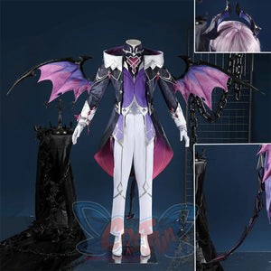 Genshin Impact Durin cosplay costume detailed views with purple wings, headwear and tail