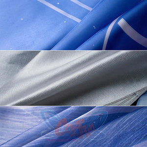 Columbina cosplay costume material texture detail showing blue, white, and silver fabric quality