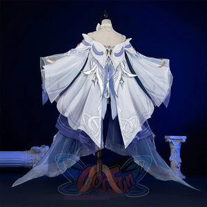 Back view of Columbina cosplay costume with ethereal white and blue layered cape design