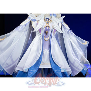 Front detail of Columbina cosplay costume showcasing flowing white and blue cape with gold accents