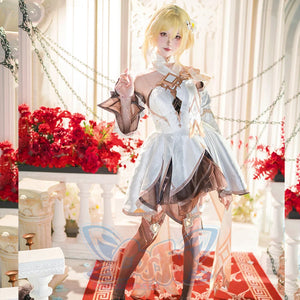 Genshin Impact Traveler Lumine cosplay dress frames a diamond bodice accent beside bell sleeves and a layered hem.