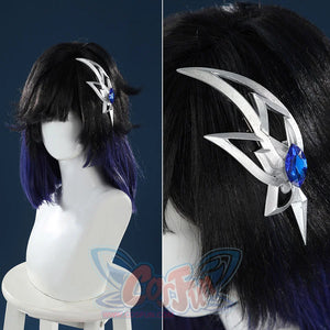 Yelan Cosplay Costume wig featuring black and blue gradient hair with silver decorative hairpin accessory