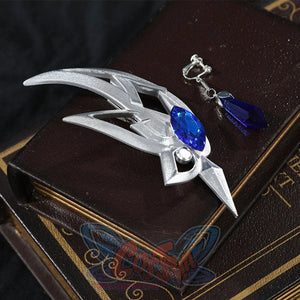 Yelan Cosplay Costume silver hairpin accessory detail with blue gem for Tranquil Banquet outfit