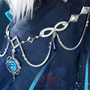 Yelan Cosplay Costume silver chain necklace with blue gem pendant for Tranquil Banquet outfit