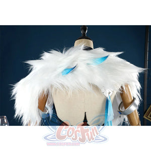 Yelan Cosplay Costume white fur collar detail on mannequin for Tranquil Banquet outfit