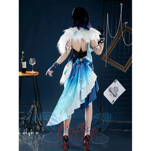 Yelan Cosplay Costume back view highlighting white fur collar and blue Tranquil Banquet dress details