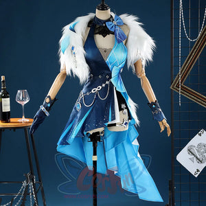 Yelan Cosplay Costume displayed on mannequin showing complete Tranquil Banquet outfit with chains and accessories