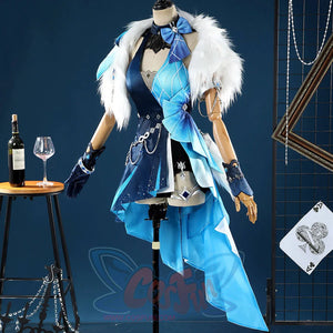 Yelan Cosplay Costume side view on mannequin featuring flowing blue Tranquil Banquet dress and white fur