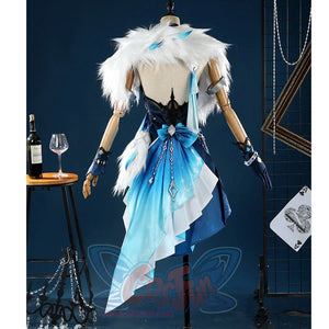 Yelan Cosplay Costume rear view on mannequin displaying Tranquil Banquet dress back design and fur collar
