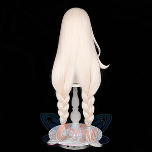 Alice cosplay wig back view showing long beige hair styled into two thick braids with straight length