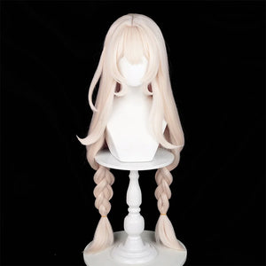 Alice cosplay wig from Genshin Impact, featuring long beige hair with softly curled tips and braids