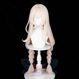 Alice cosplay wig left side view with beige long hair neatly styled into two thick braided sections