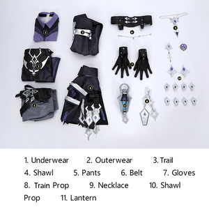 Genshin Impact Flins Cosplay Costume, includes underwear, outerwear, trail, shawl, pants, belt, gloves, trail prop, necklace, shawl prop, lantern.