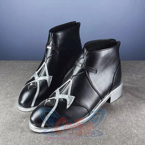 Genshin Impact Flins cosplay shoes side angle view displaying black ankle boots with silver strap details