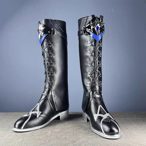 Genshin Impact Flins cosplay shoes front view with black leather, crisscross lacing, and blue gem accents