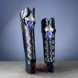 Genshin Impact Flins cosplay shoes leg guards featuring silver armor plating with blue gem ornaments