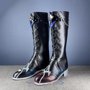 Genshin Impact Flins cosplay shoes back view showcasing crisscross lacing with silver chains and blue trim