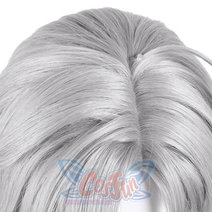 Genshin Impact Illuga cosplay wig close-up detail showing realistic gray hair parting and texture