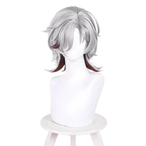 Genshin Impact Illuga cosplay wig front view with short gray hair and burgundy red tips on mannequin