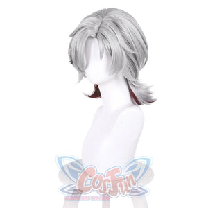 Genshin Impact Illuga cosplay wig left side view displaying short gray layered hair with red tips