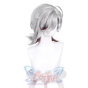 Genshin Impact Illuga cosplay wig right side view with layered short gray hair and burgundy red tips