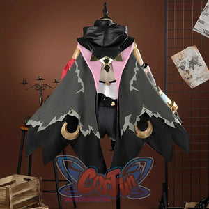 Genshin Impact Jahoda Cosplay Costume, grey and black cape with winged hem, back view