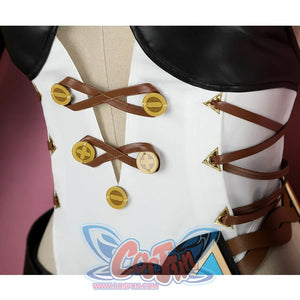 Genshin Impact Jahoda Cosplay Costume, white jumpsuit with gold buttons and brown traps