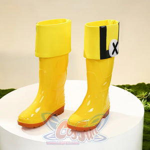 Yellow Manekin cosplay shoes with black strap detail, side view for Genshin Impact character costume