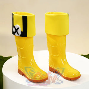 Vibrant yellow Manekin cosplay shoes with black strap accent, side angle view for Miliastra costume