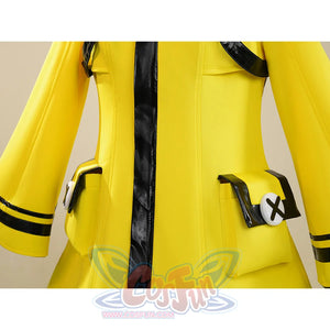 Miliastra Wonderland Manekin cosplay costume waist area showing yellow jacket with black and white X belt