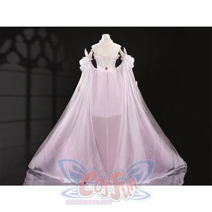 Back view of FES Columbina cosplay costume with sheer pink cape and white geometric patterns