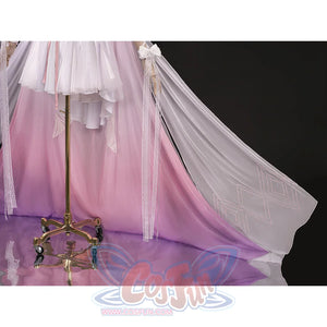 FES Columbina cosplay costume flowing pink cape with geometric patterns and sheer white overlay