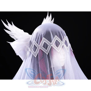 FES Columbina cosplay costume white eye mask with angel wings and geometric diamond pattern design