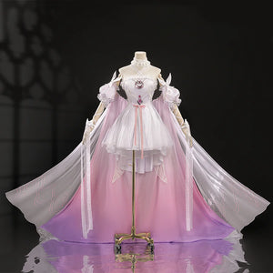 Full front view of FES Columbina cosplay costume with pink gradient dress and flowing white cape