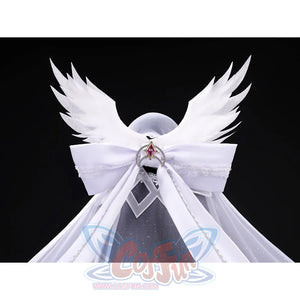 FES Columbina cosplay costume headpiece detail with angel wings and pink crescent moon gem brooch