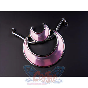 Detailed view of pink gradient crescent moon brooch accessory for FES Columbina cosplay costume